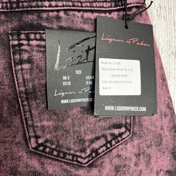 NWT Liquor N Poker Curve Cotton Pink Tie Dye Denim Skirt Size 8 NWT - Picture 7 of 9